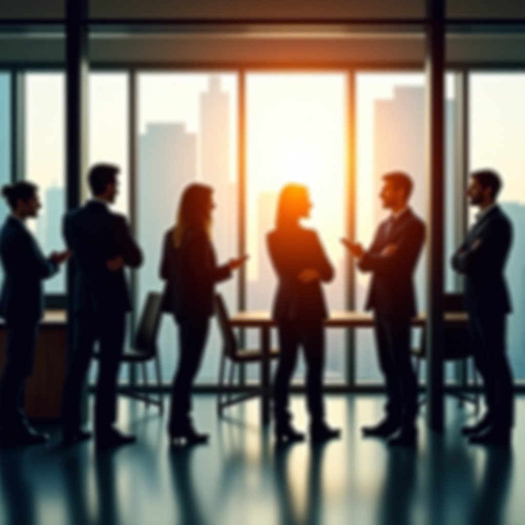 A professional office environment showing a group of diverse corporate experts in a meeting room with glass walls. High-end modern interior, warm natural lighting from large windows, blurred urban cityscape in the background. High contrast and realistic photography style, no text. 4:3