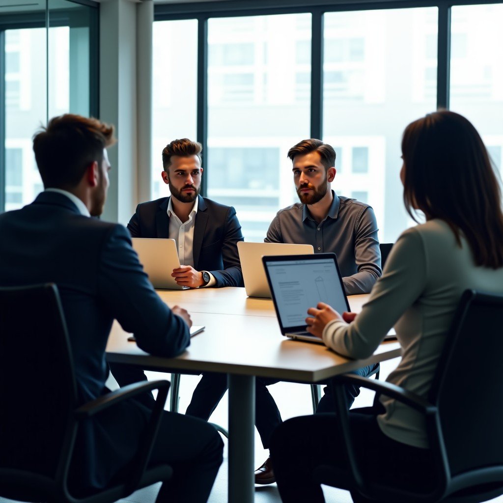 A group of diverse professional office workers having a meeting in a bright glass-walled conference room, modern architecture, focused expressions, natural daylight, 4:3