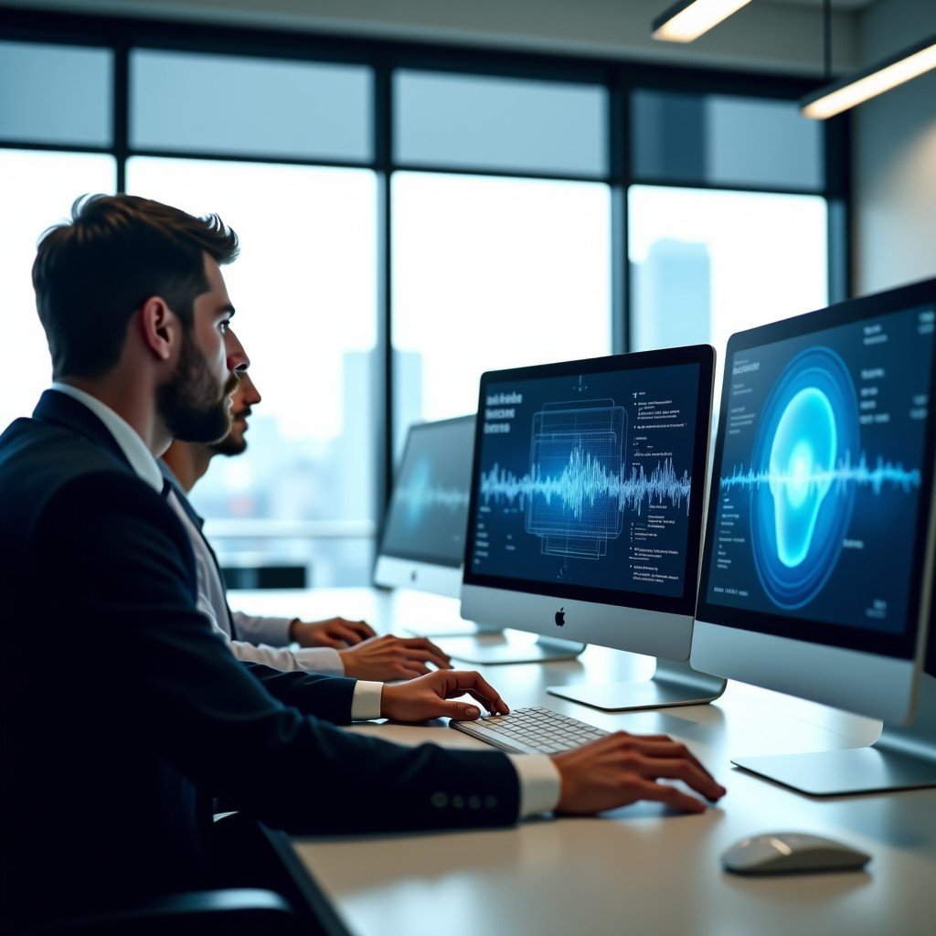 Modern office environment with professionals using advanced communication software on clean computer monitors, digital overlays of AI data and speech recognition waves, bright natural lighting, professional setting, 4:3