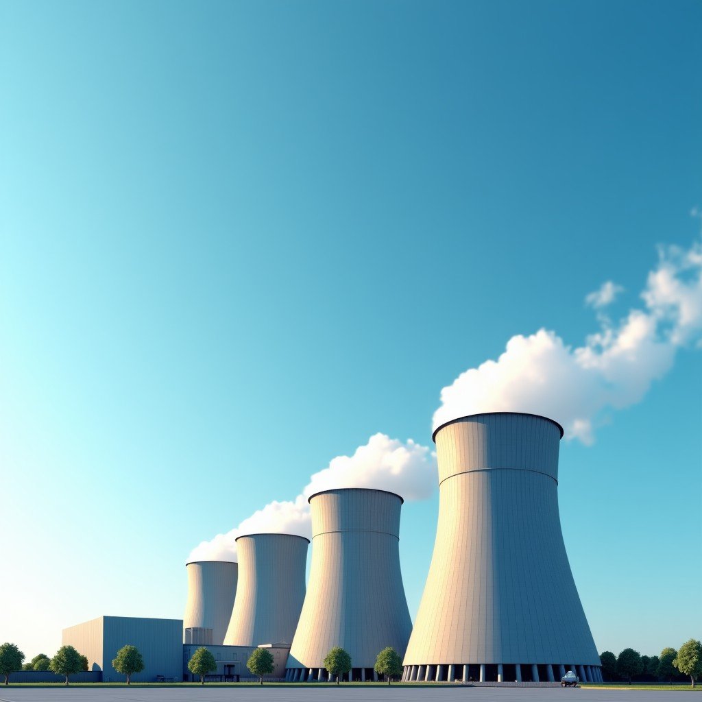 A clean and modern power plant architecture with cooling towers, blue sky background, industrial aesthetic, detailed composition, 4:3