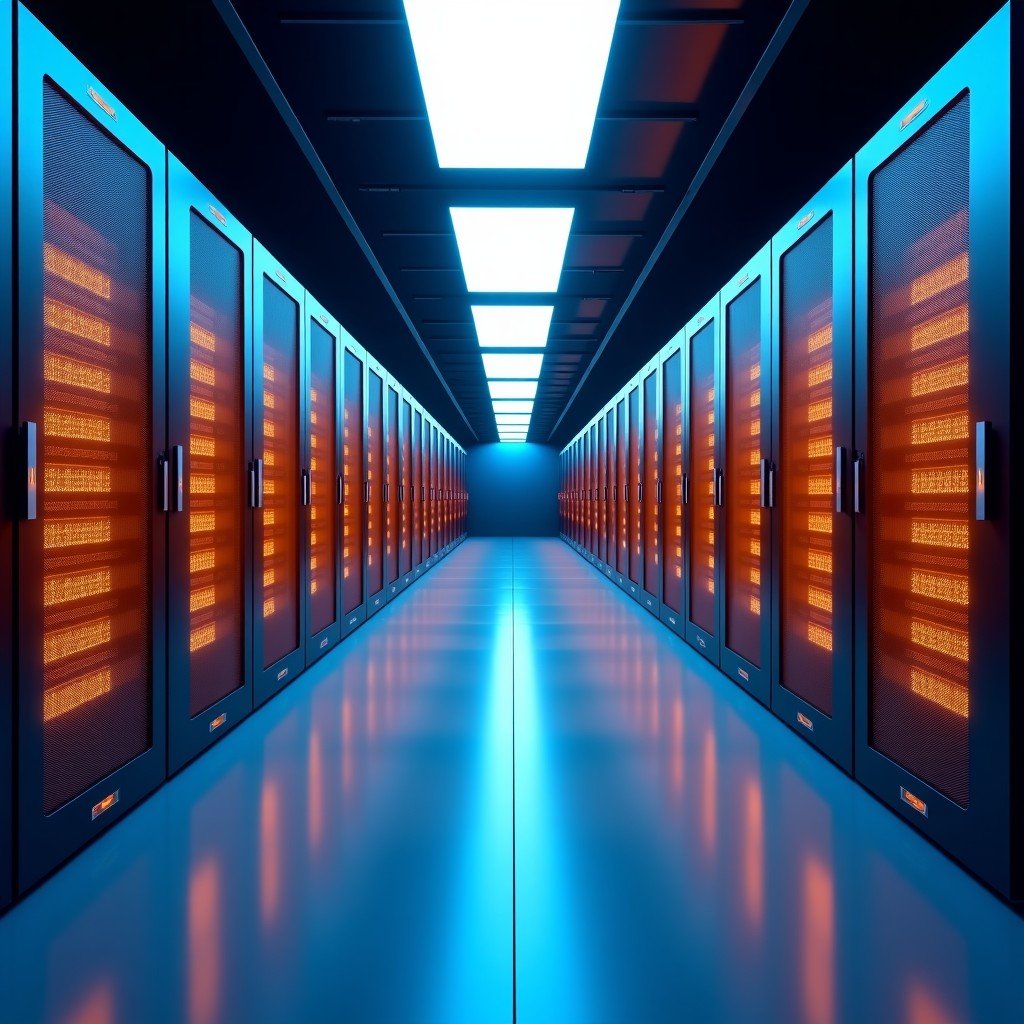 A high-tech modern data center interior with rows of glowing server racks, subtle Indian architectural motifs integrated into the ceiling design, soft blue and amber lighting, realistic photography style, 4:3