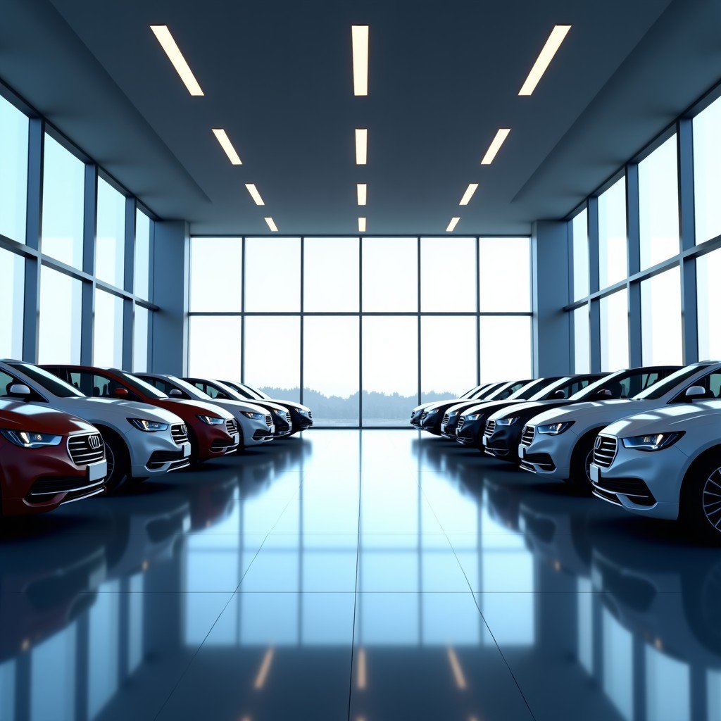 A modern and sleek interior of a large American car dealership, spacious glass windows, bright interior lighting, professional atmosphere with rows of new vehicles, 4:3