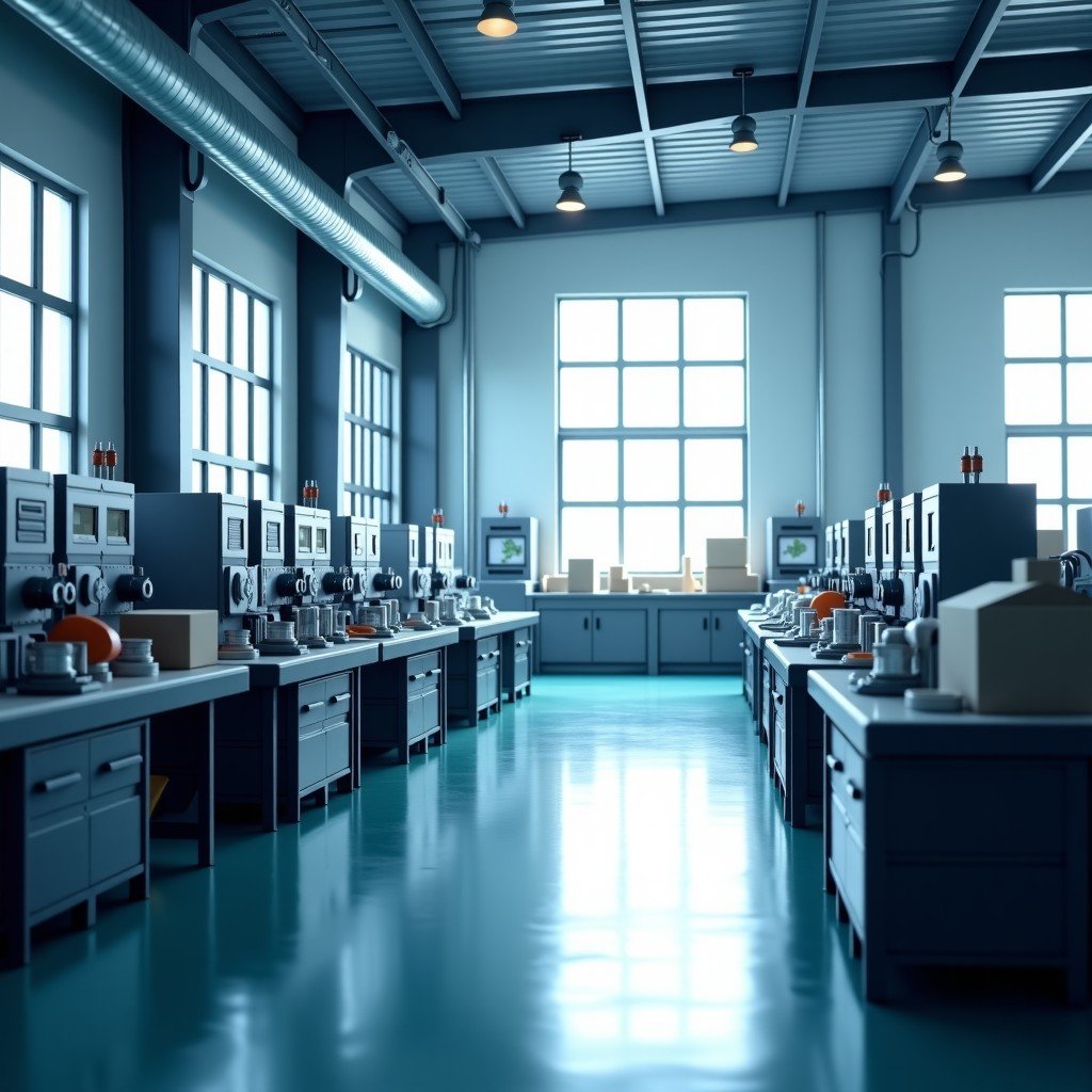 A high-tech automated manufacturing facility producing physical goods, bright natural light filtering through large windows, clean and organized industrial setting, 4:3