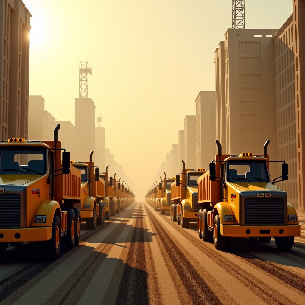 A fleet of yellow heavy construction machinery at a large scale building site, dusty atmosphere with sunbeams, high detail, realistic documentary style, 4:3