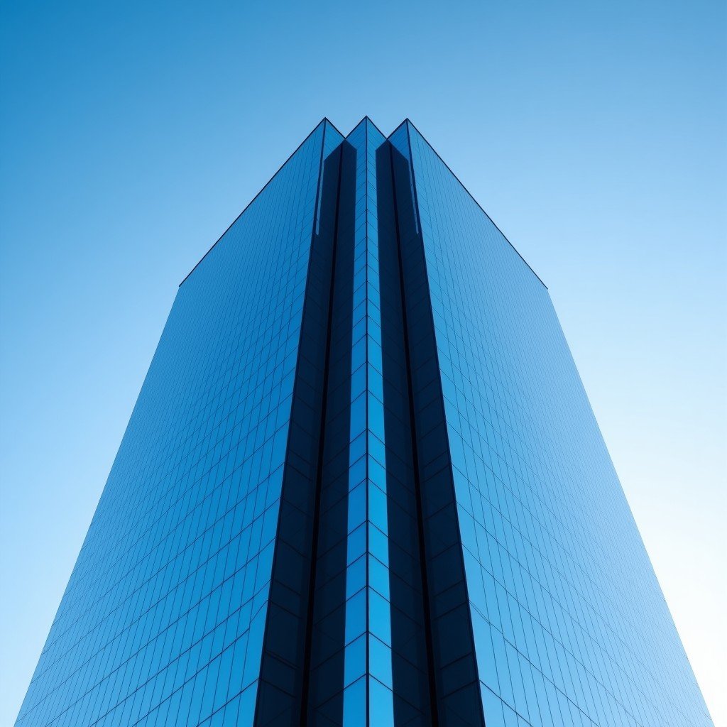 The modern glass facade of a major tech corporation headquarters under a clear blue sky reflecting corporate stability and growth. 1:1