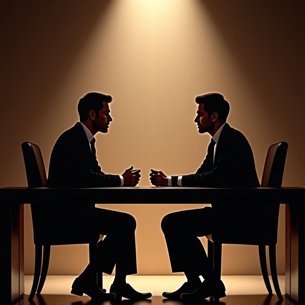 Two professional figures in business attire sitting across a polished dark wooden table in a dimly lit high-end office, focus on the intense atmosphere, 4:3