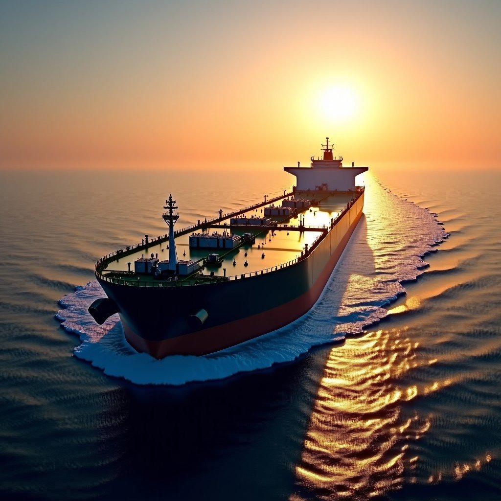 A massive oil tanker navigating through a narrow strait, sunrise lighting, calm but tense sea, professional photography, high contrast, 4:3