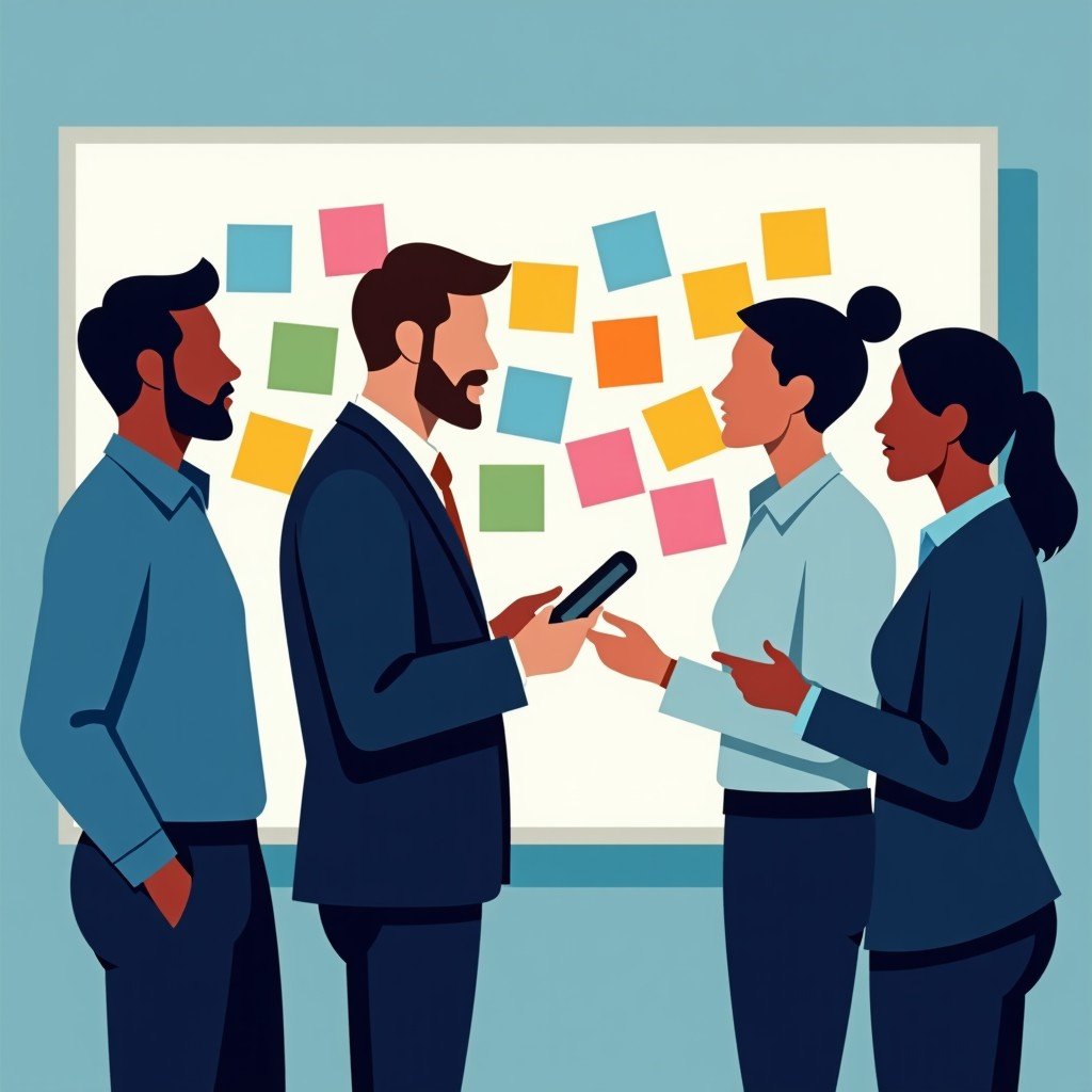 A team of professionals brainstorming together in front of a glass whiteboard with colorful sticky notes. Collaborative atmosphere, clean infographic style, 4:3