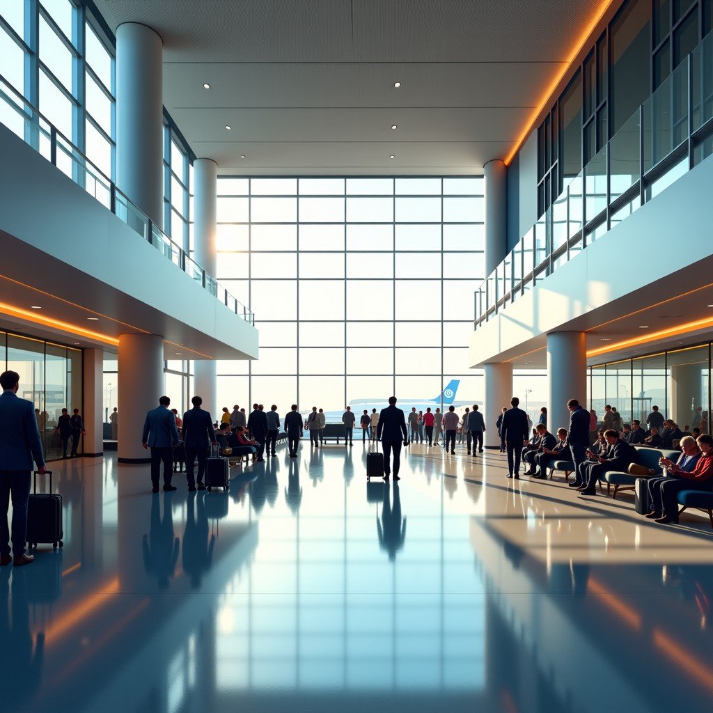 Interior of a bright and modern international airport terminal with many passengers walking and relaxing, high ceilings, large glass windows, natural daylight, 4:3