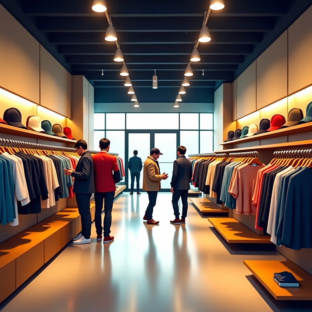 Modern retail store interior with nostalgic clothing displays, shoppers browsing apparel, warm and inviting atmosphere, realistic photography, 4:3