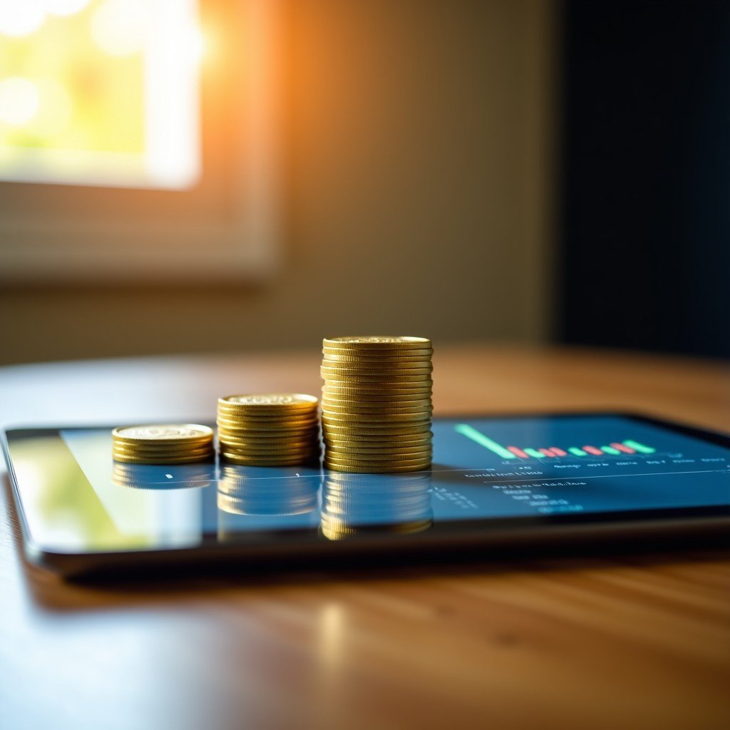 Golden coins stacked neatly on top of a digital tablet displaying financial data, warm lighting, bokeh background, professional and wealthy atmosphere, 4:3