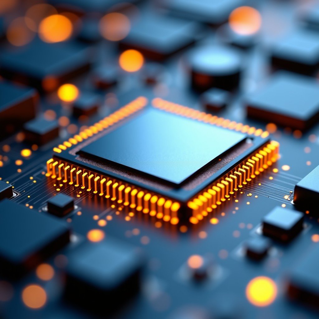 Close-up shot of advanced AI semiconductor chips with golden circuits on a high-tech motherboard, shallow depth of field, metallic texture, 4:3