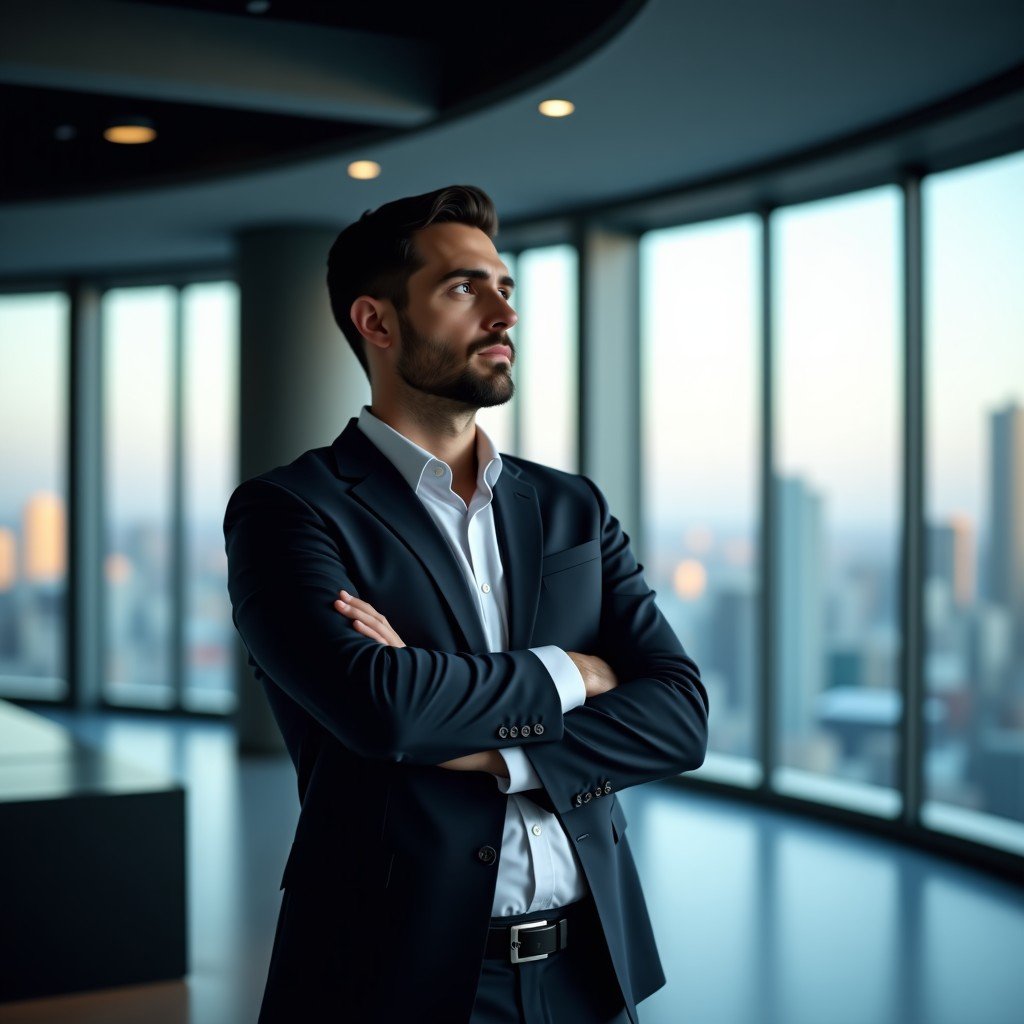 A professional male tech CEO in a modern boardroom, looking contemplative and serious, large windows with city view in background, cinematic office lighting, high quality portrait, 4:3