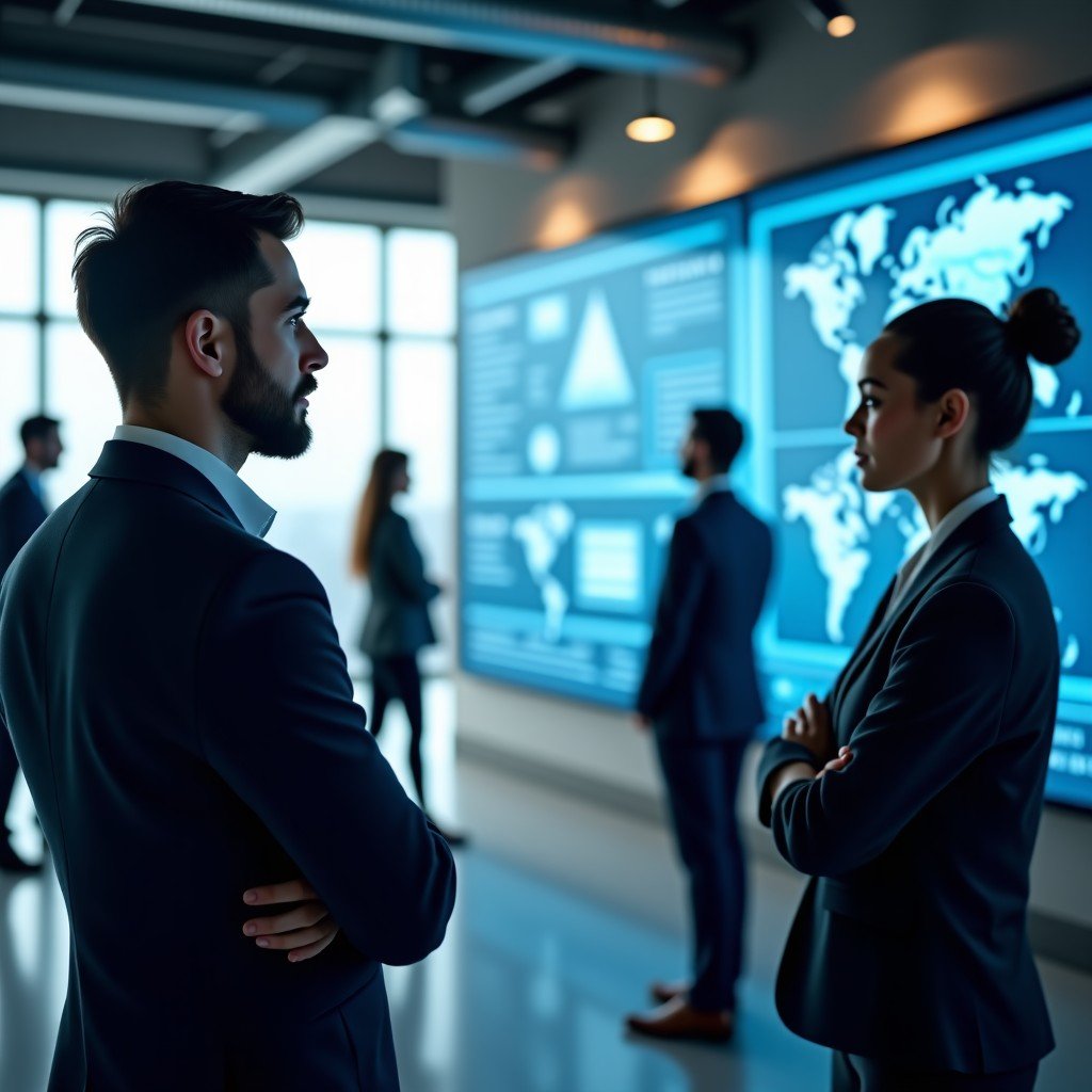 Professional business people in a modern office looking at holographic data displays, natural lighting, focused expressions, sophisticated atmosphere, 4:3