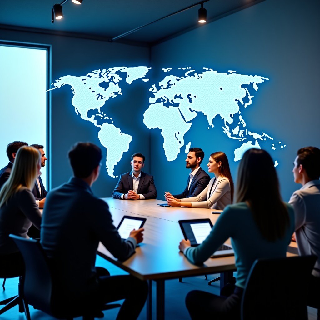 A diverse group of business professionals in a modern conference room looking at a holographic projection of global data trends. The atmosphere is collaborative and futuristic. Natural lighting. 4:3