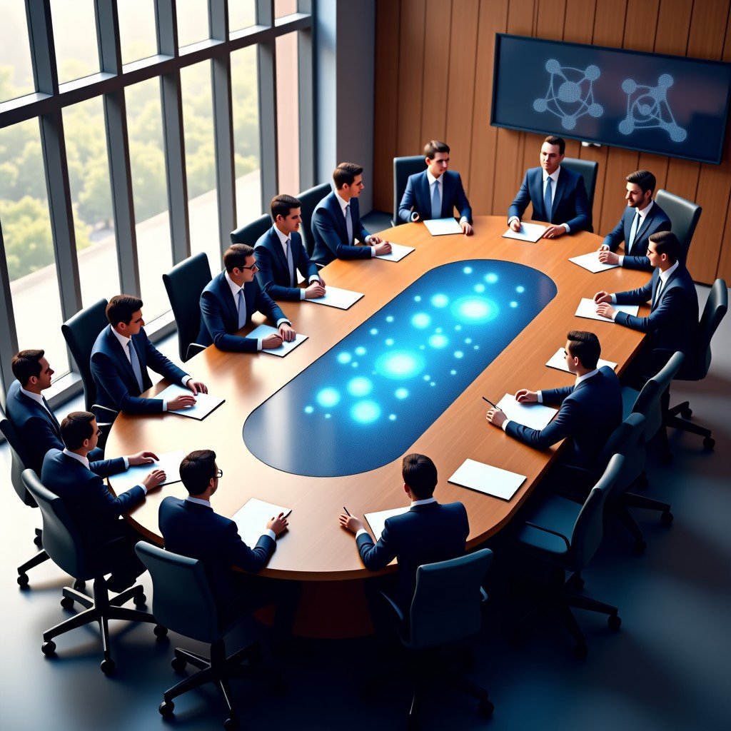 A high-angle view of a diverse group of professional policymakers and tech experts sitting around a large oval wooden table in a modern glass-walled meeting room. They are discussing and looking at holographic projections of AI neural networks. Professional atmosphere warm interior lighting. 4:3