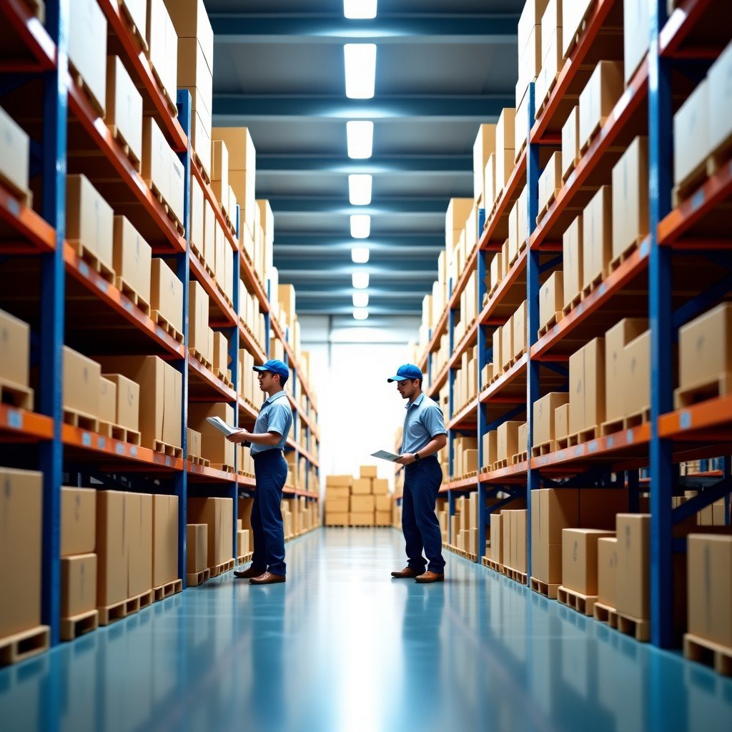 Interior of a vast and highly organized modern retail distribution warehouse. Workers and automated systems are moving boxes efficiently. The lighting is bright and the composition shows scale and productivity. 4:3