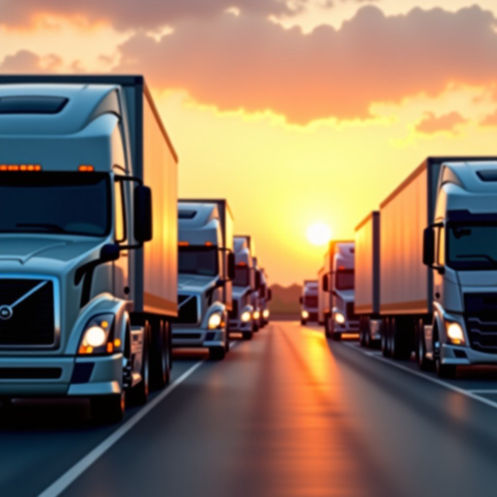 A fleet of delivery trucks at a modern logistics hub during sunset, organized warehouse activity in the background, warm lighting, realistic photography, 4:3