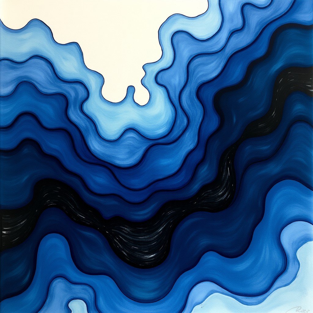 Abstract artistic rendering of dark blue river waves merging with flowing black fountain pen ink, creating swirling patterns of literary inspiration, textured background, ethereal and moody atmosphere, 1:1