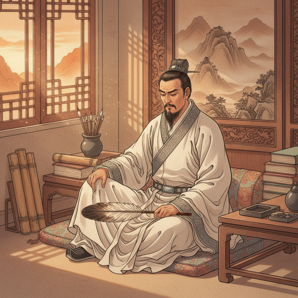 서재에서 깊은 생각에 잠긴 제갈량의 모습