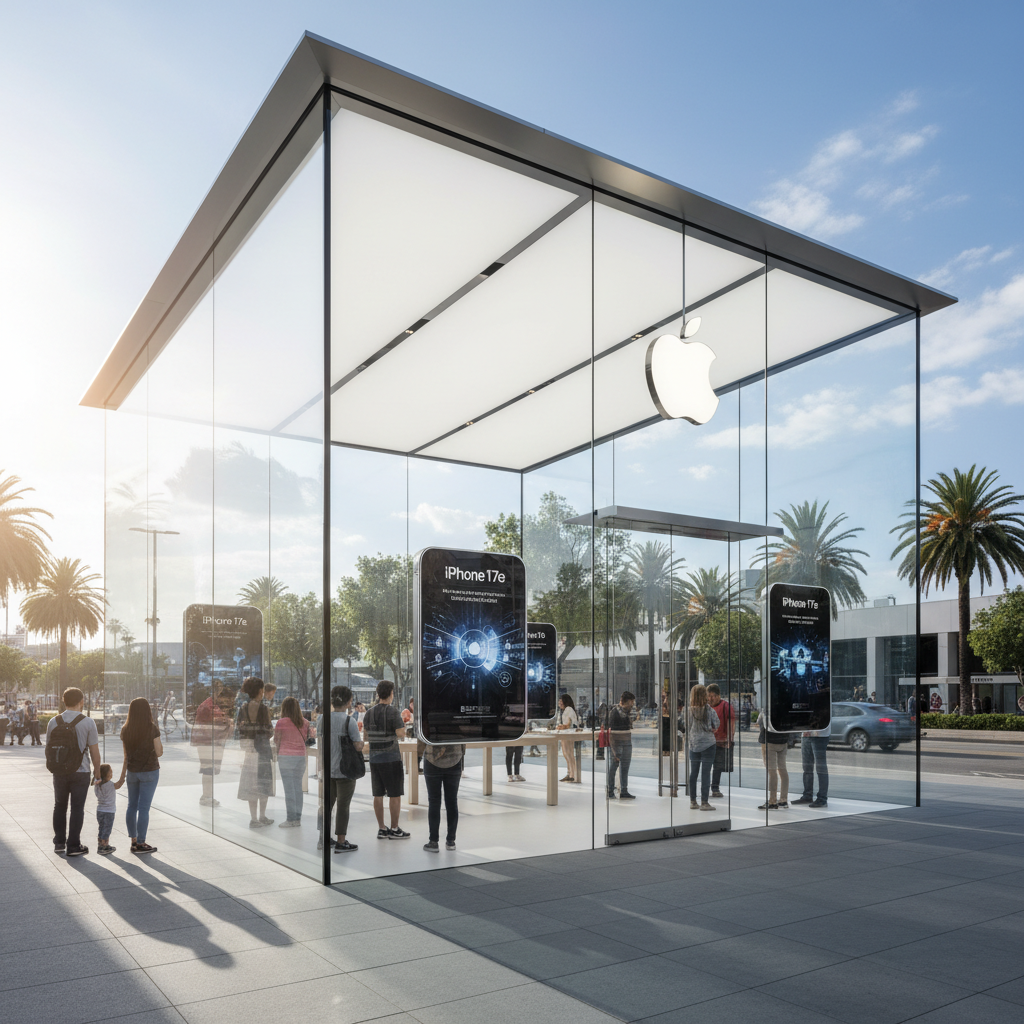 애플 스토어 앞의 활기찬 대기 모습