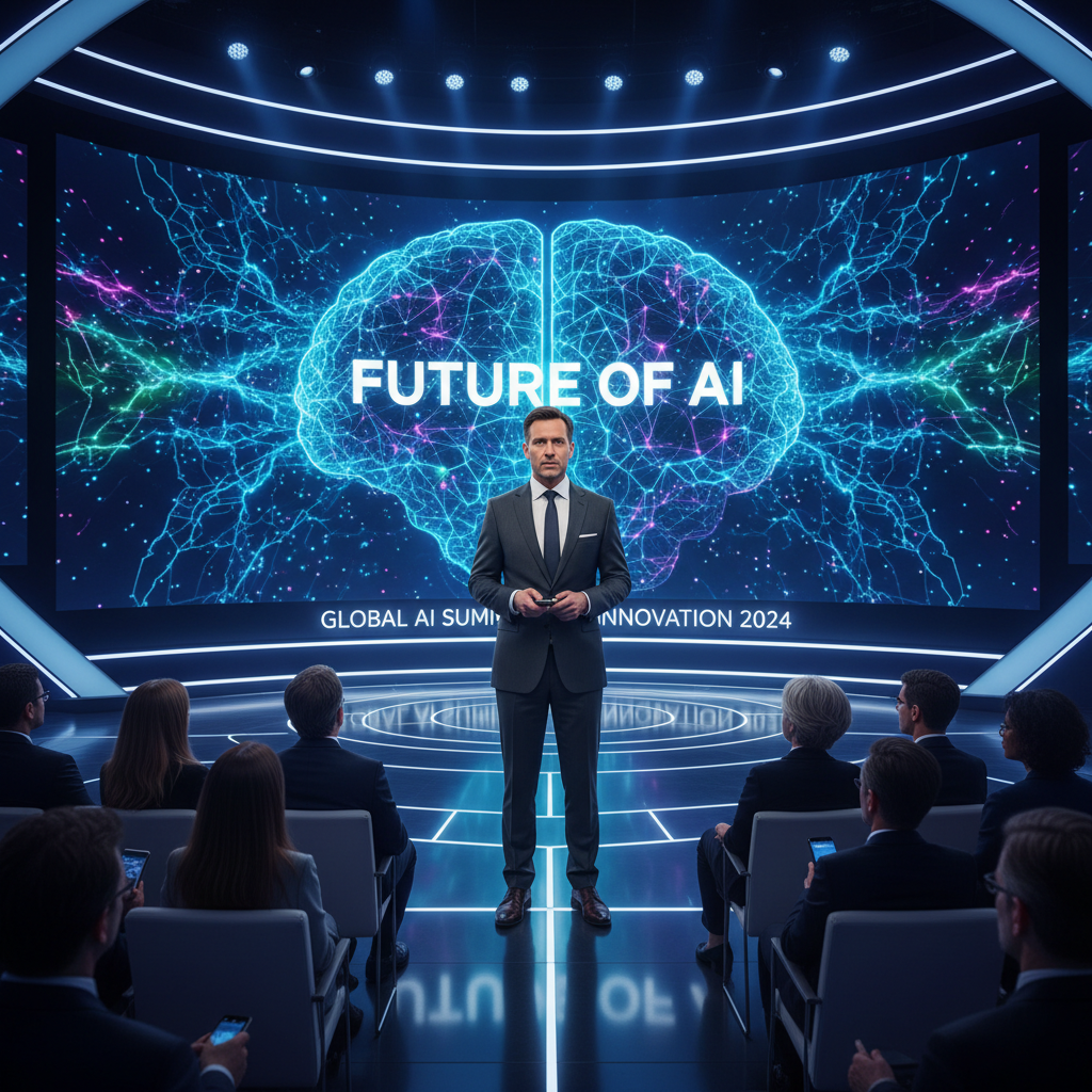 인공지능 미래 전략을 발표하는 기술 기업의 리더