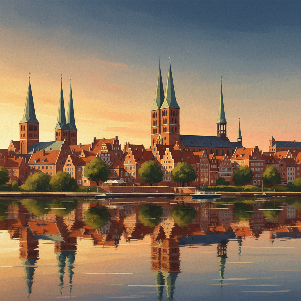 트라베 강변에서 바라본 뤼베크의 일곱 첨탑 스카이라인