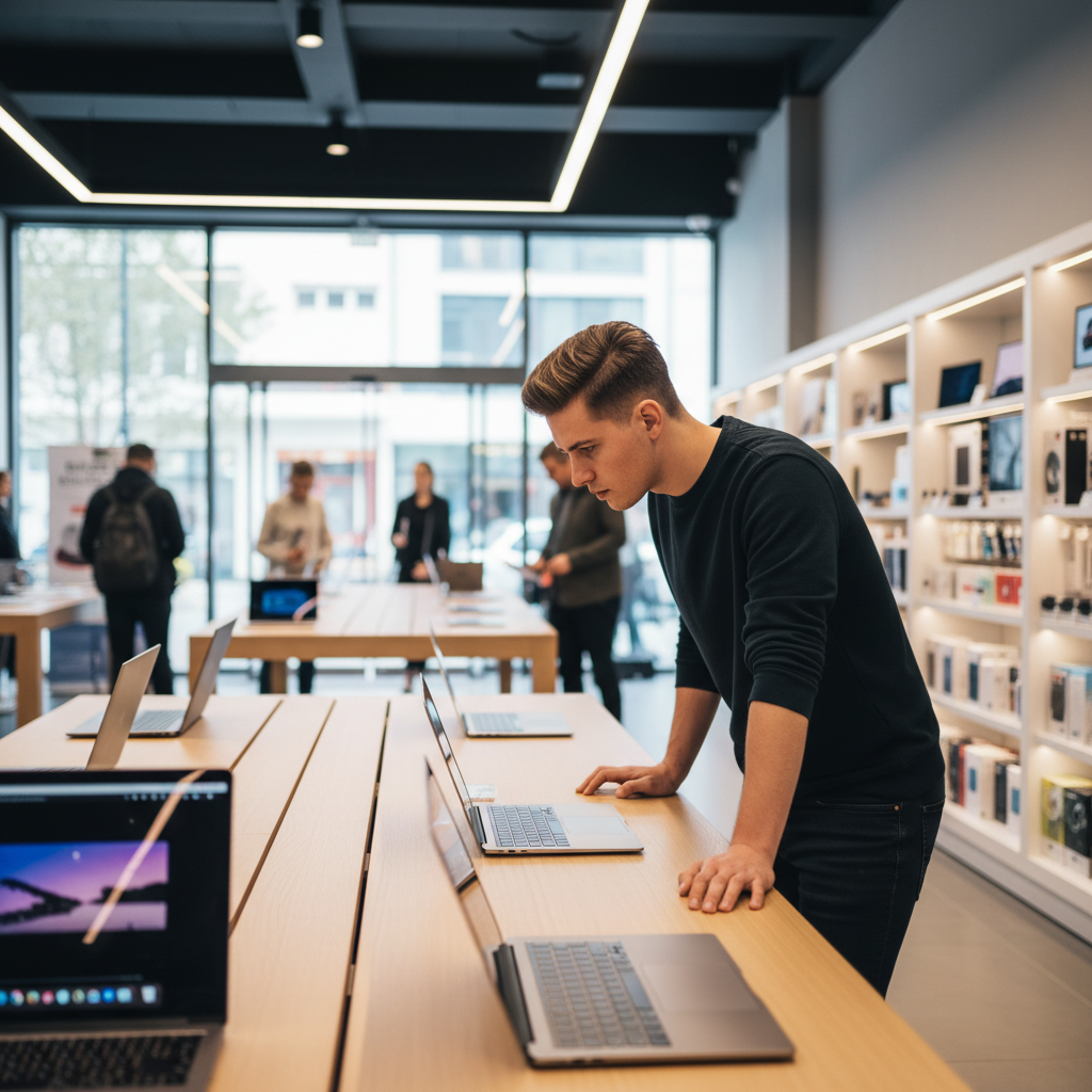 매장에서 맥북 모델을 비교 중인 사용자