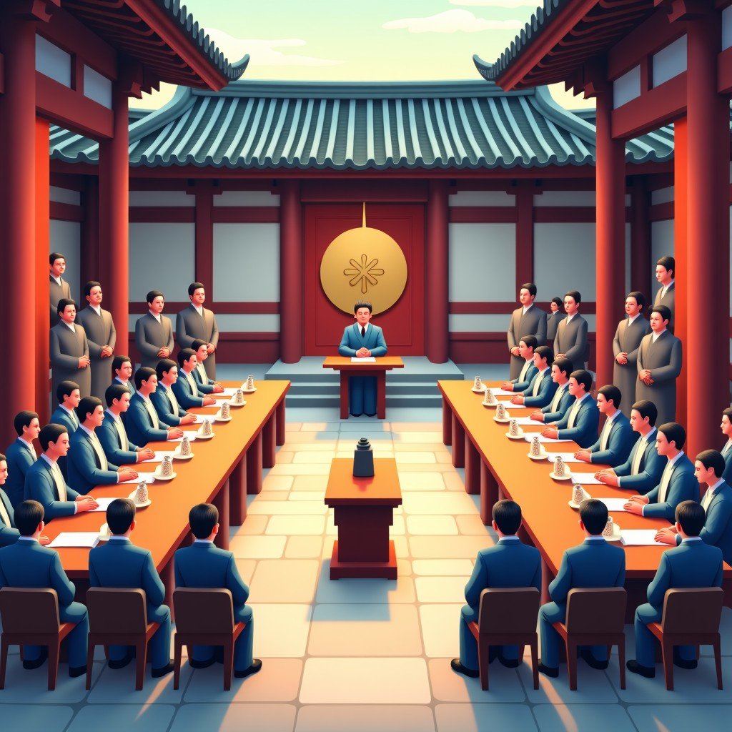 An illustration of a historical Joseon government assembly with royal officials in traditional attire discussing state affairs in a stone-floored hall, 4:3