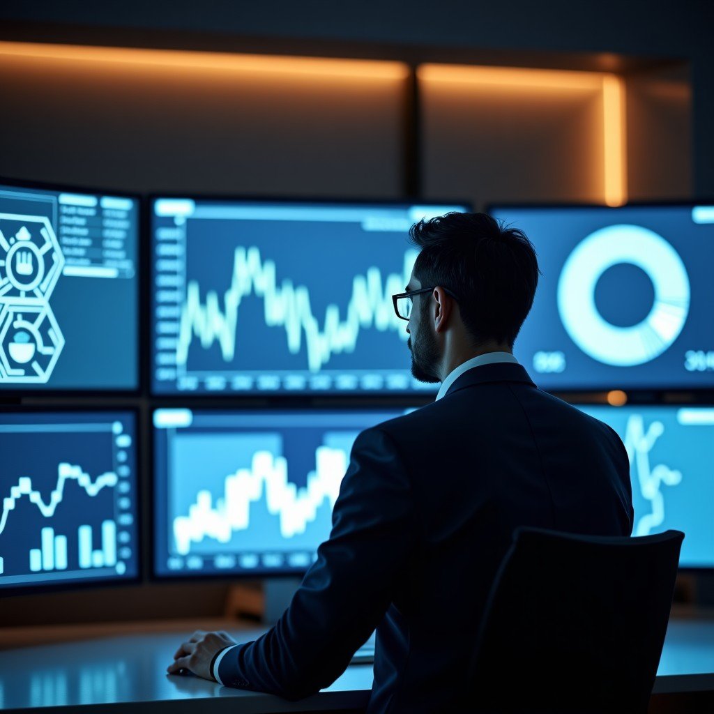 A sleek, modern office setting with a focused investor looking at digital screens displaying abstract AI data patterns, warm professional lighting, photorealistic, 4:3 aspect ratio.