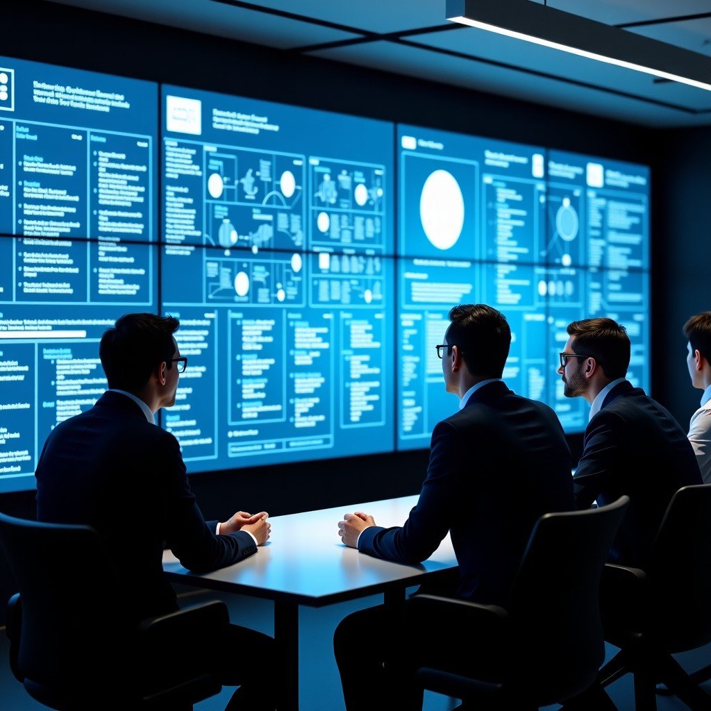 Professional business people in a modern boardroom looking at large screen monitors showing complex network architecture and data flow, realistic office environment, natural lighting, aspect ratio 4:3.