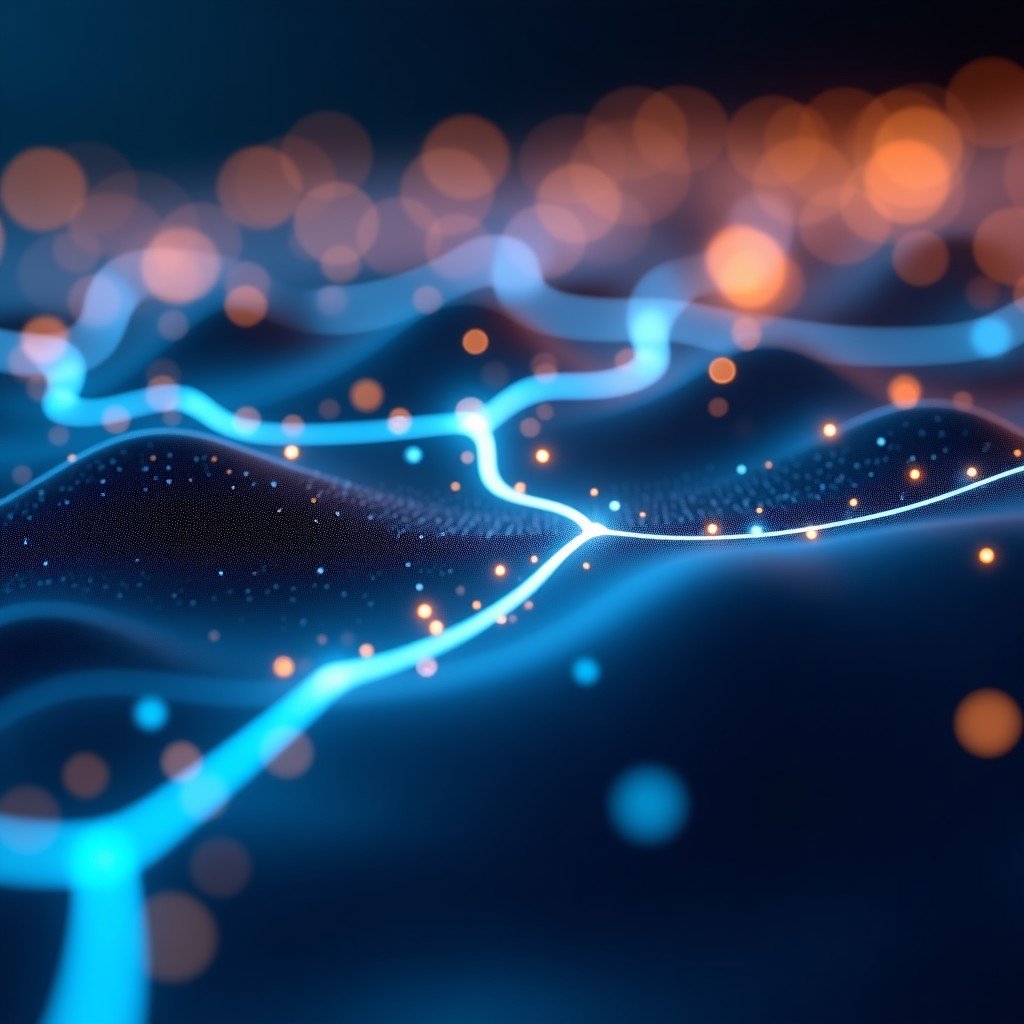 A high-tech digital representation of abstract data streams and AI neural network connections glowing in soft blue and gold tones, cinematic lighting, shallow depth of field, minimalist modern aesthetic, high resolution 4:3.