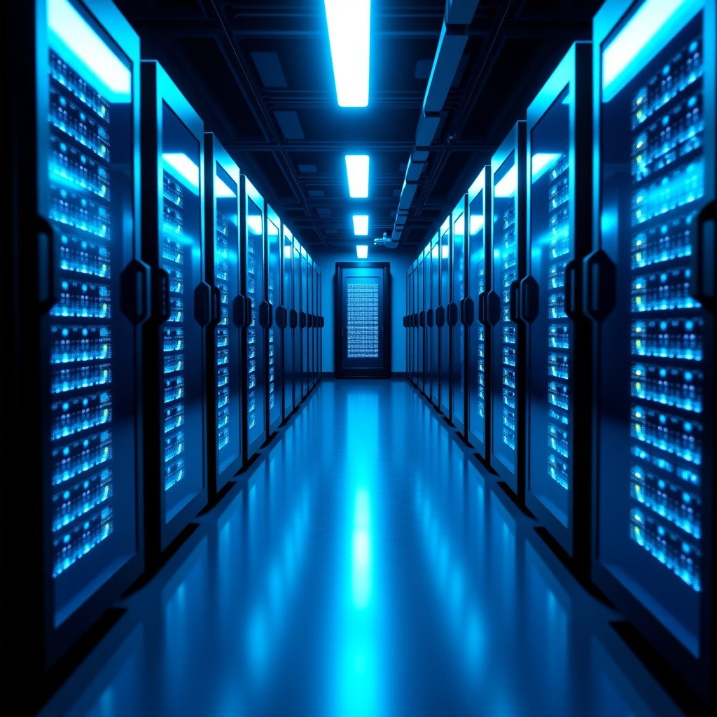 Modern data center interior with glowing server racks and high-tech blue light connections, futuristic semiconductor technology, cinematic lighting, 4:3