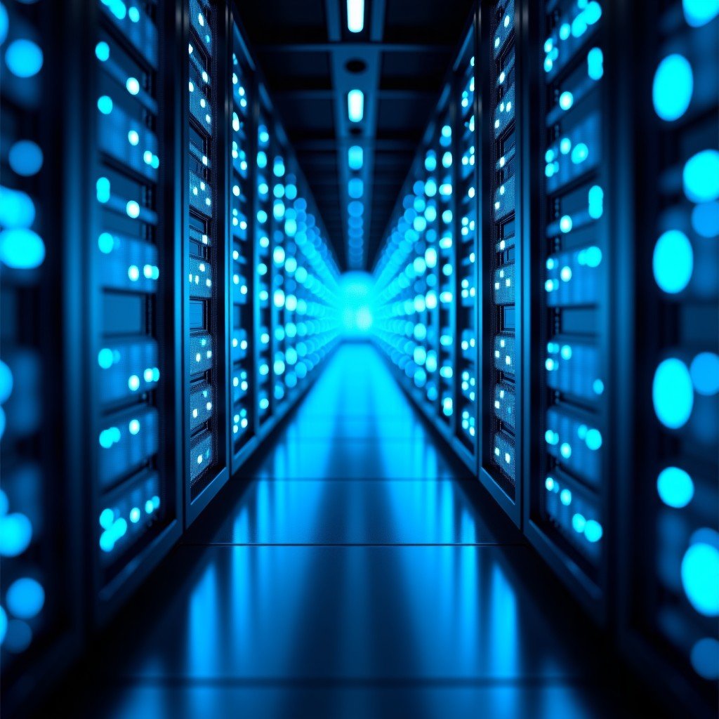 A futuristic data center with glowing server racks and abstract blue light streams symbolizing high speed data connectivity, cinematic lighting, 4:3