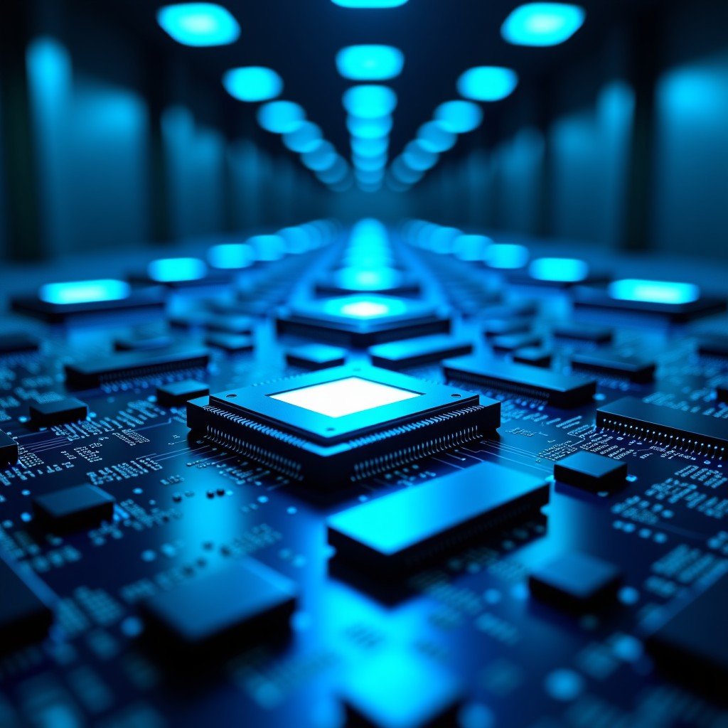 A high-tech laboratory environment showing rows of advanced silicon chips and circuit boards with neon blue lighting, cinematic lighting, 8k resolution, detailed, wide angle shot, 4:3.