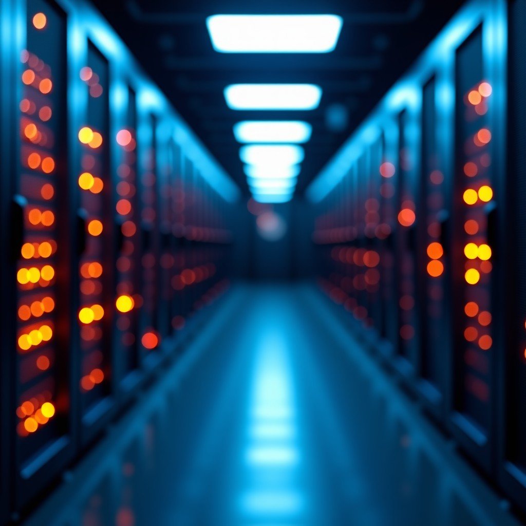 Modern data center interior with rows of glowing server racks, bokeh lighting, professional photography style, sharp focus, 4:3 aspect ratio.