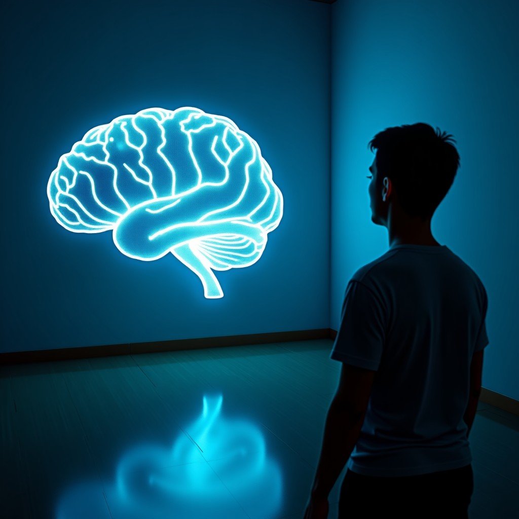 A conceptual image showing a glowing digital neural network representing artificial intelligence interacting with a human silhouette in a dim room, cinematic lighting, hyper-realistic, 4:3