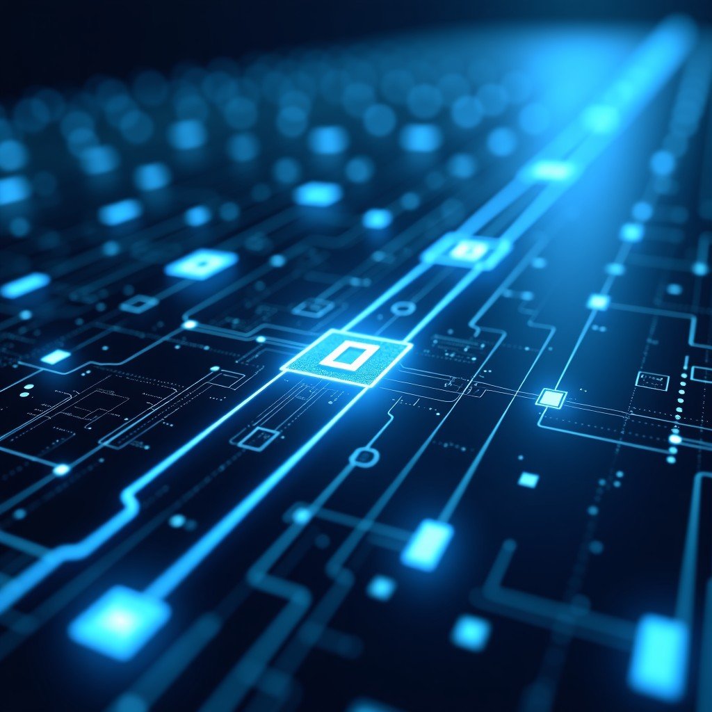 Abstract representation of data packets moving through a digital infrastructure, high-tech cybersecurity environment, cool tones, 4:3