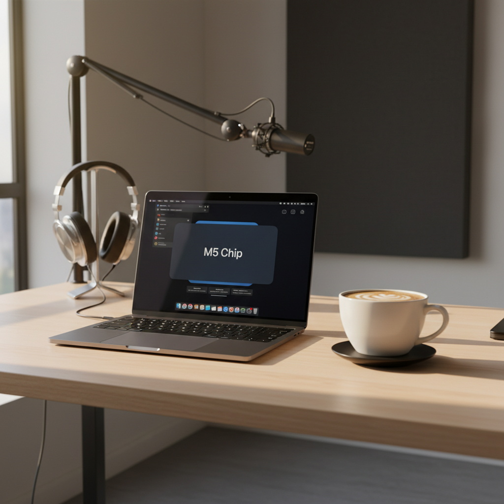 세련된 작업 공간에 놓인 새로운 M5 맥북 프로