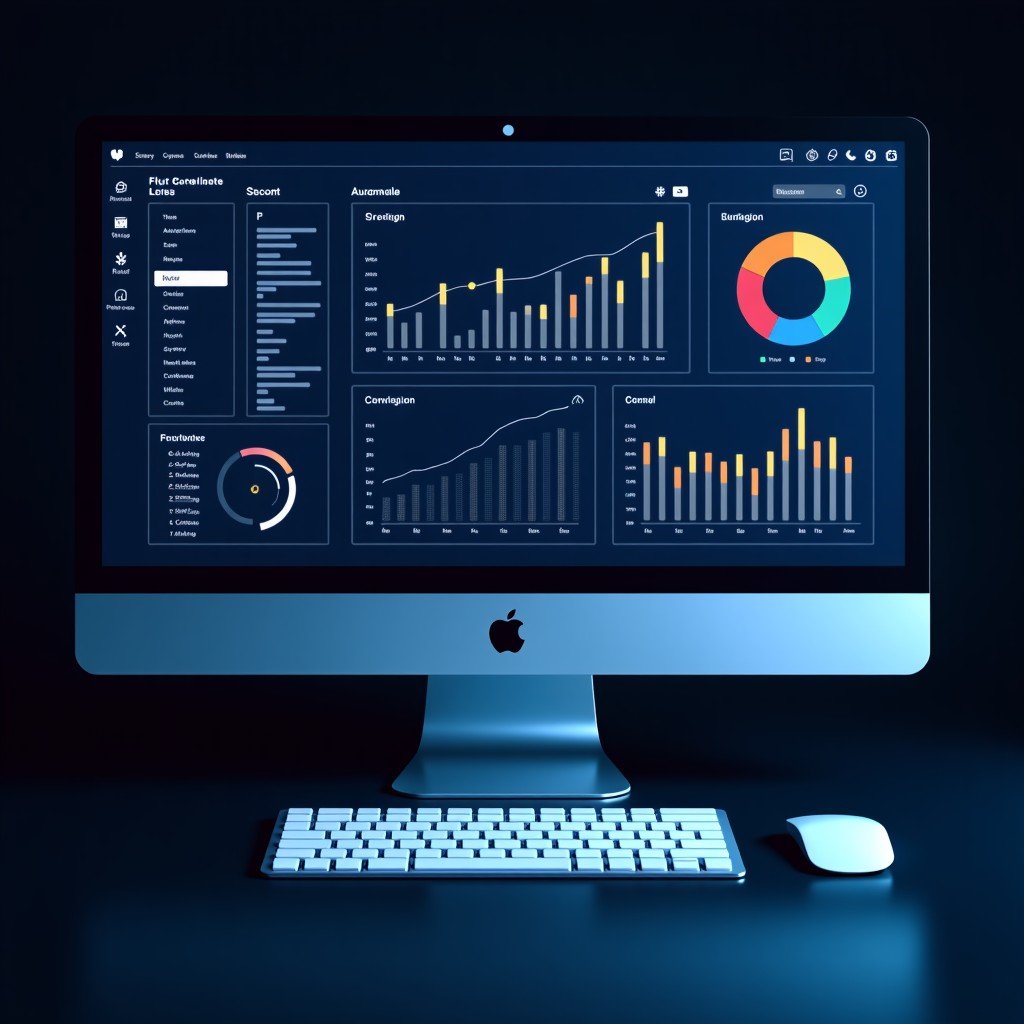 A sleek professional AI software interface showing complex data analytics on a dark background, high resolution, 4:3.
