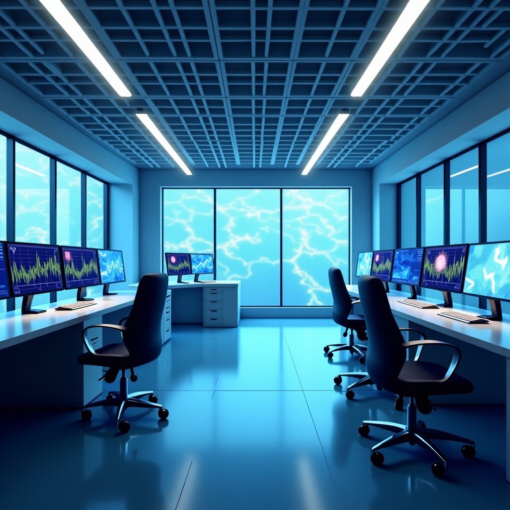 Futuristic AI research laboratory, abstract digital neural network visualization, bright and clean office environment, realistic, 4:3 aspect ratio