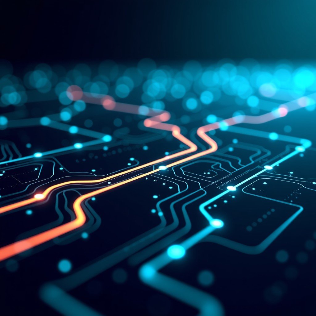 Abstract representation of global data connectivity, fiber optic cables flowing into server nodes, interconnected technology, dark background with cyan and orange neon lines, realistic style, 4:3 aspect ratio.