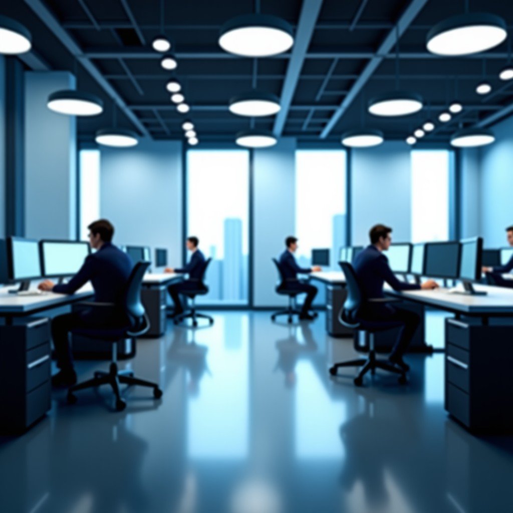 A professional office environment with sleek modern technology and digital transformation interfaces, minimalist style, bright lighting, high quality, 4:3 aspect ratio.