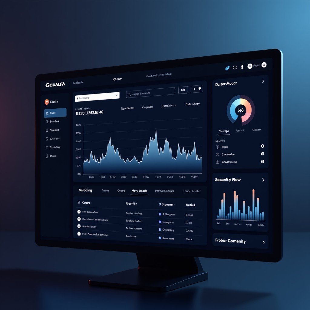 A sleek, dark-themed user interface showing a security dashboard with data flow analysis, minimalist modern design, glowing charts and indicators, professional technology aesthetics, 4:3 aspect ratio.