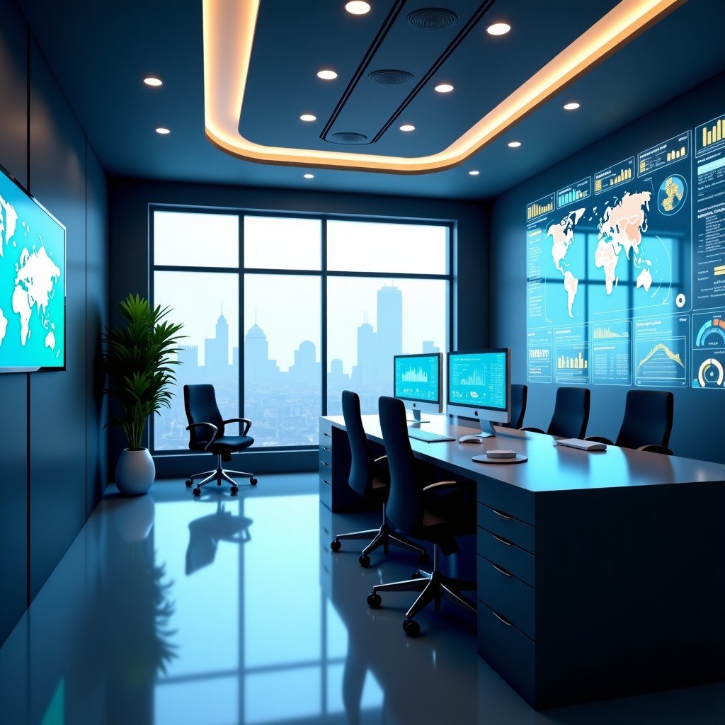 Modern military office environment with holographic data visualization, professional atmosphere, realistic style, soft natural lighting, 4:3.