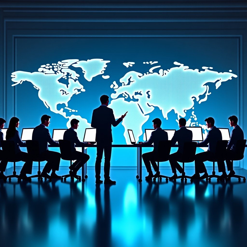 Futuristic office space with glowing digital interface, professional team working on global security, high contrast, clean composition, 4:3.