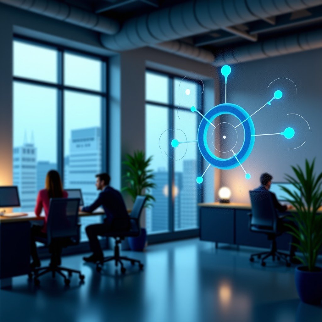 A modern office environment with digital glowing holographic nodes representing AI task automation, diverse enterprise workflows, soft natural lighting, high quality realistic photography, 4:3 aspect ratio.