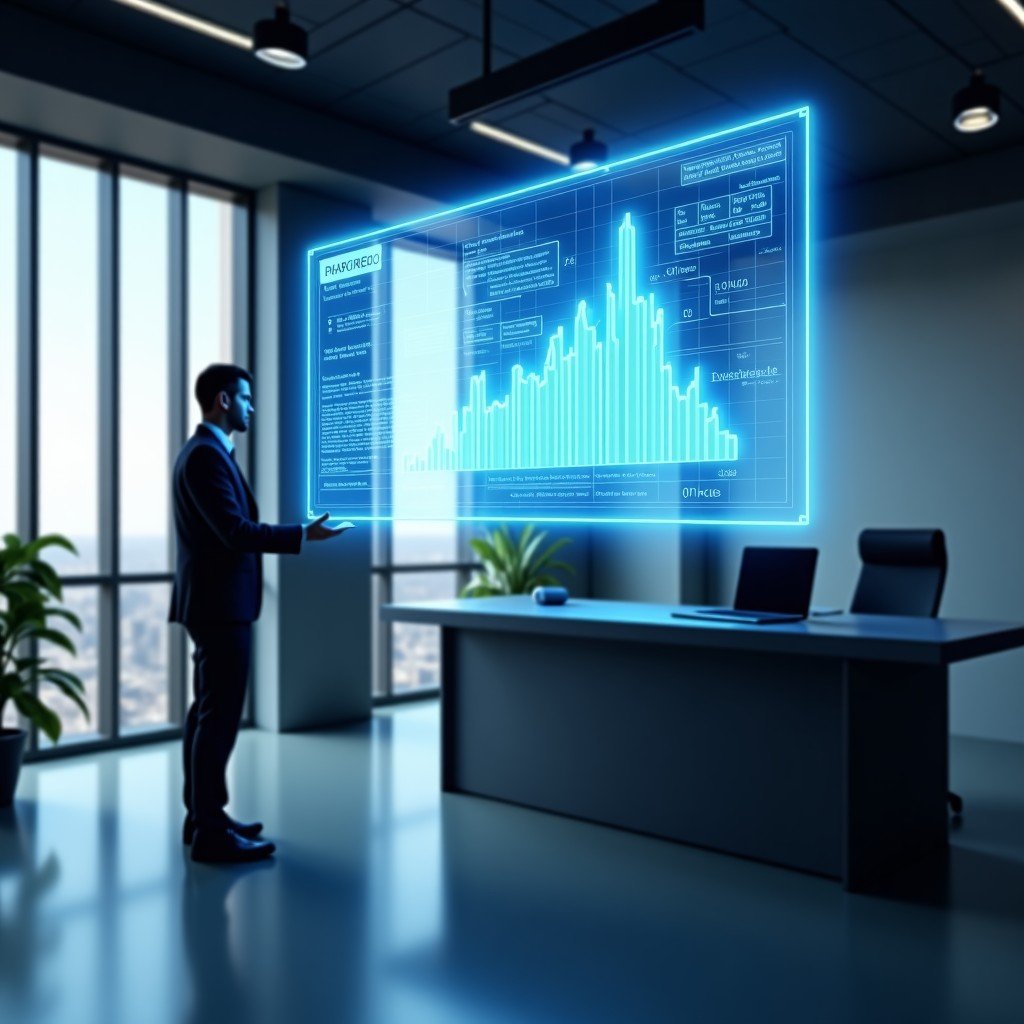 Modern business office with holographic data projection, advanced technology integration, professional atmosphere, sleek minimalist design, high quality, 4:3 aspect ratio.