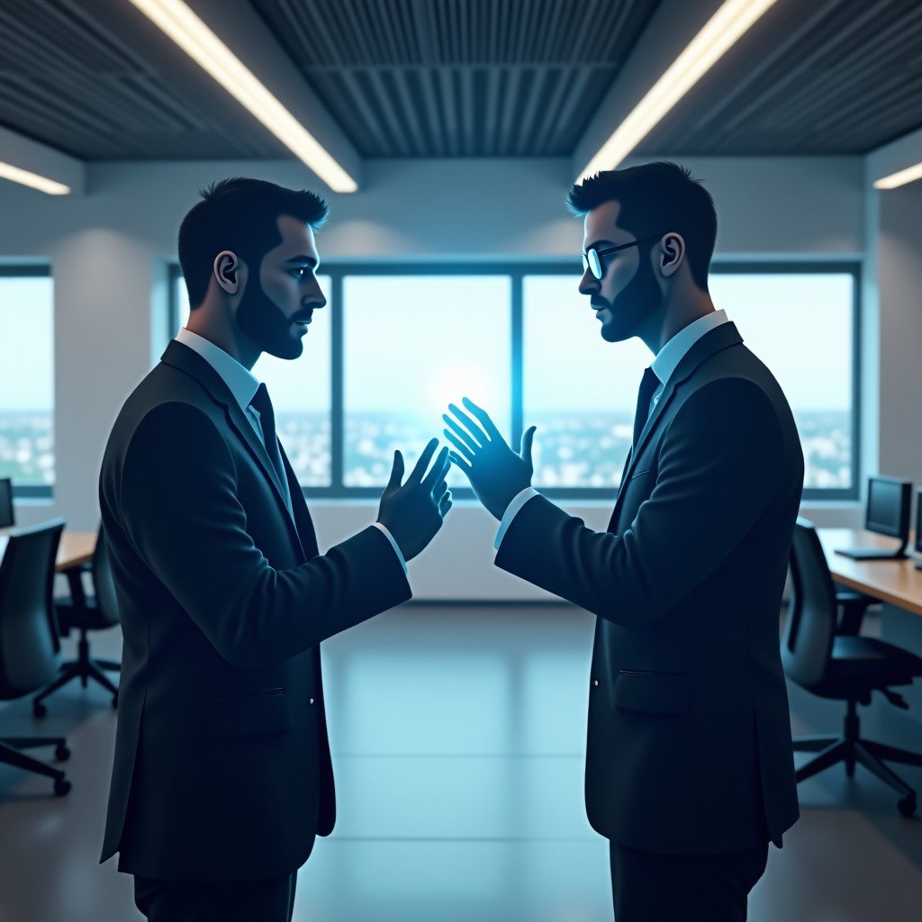 Professional setting with holographic AI agents interacting in a modern office, cinematic lighting 4:3