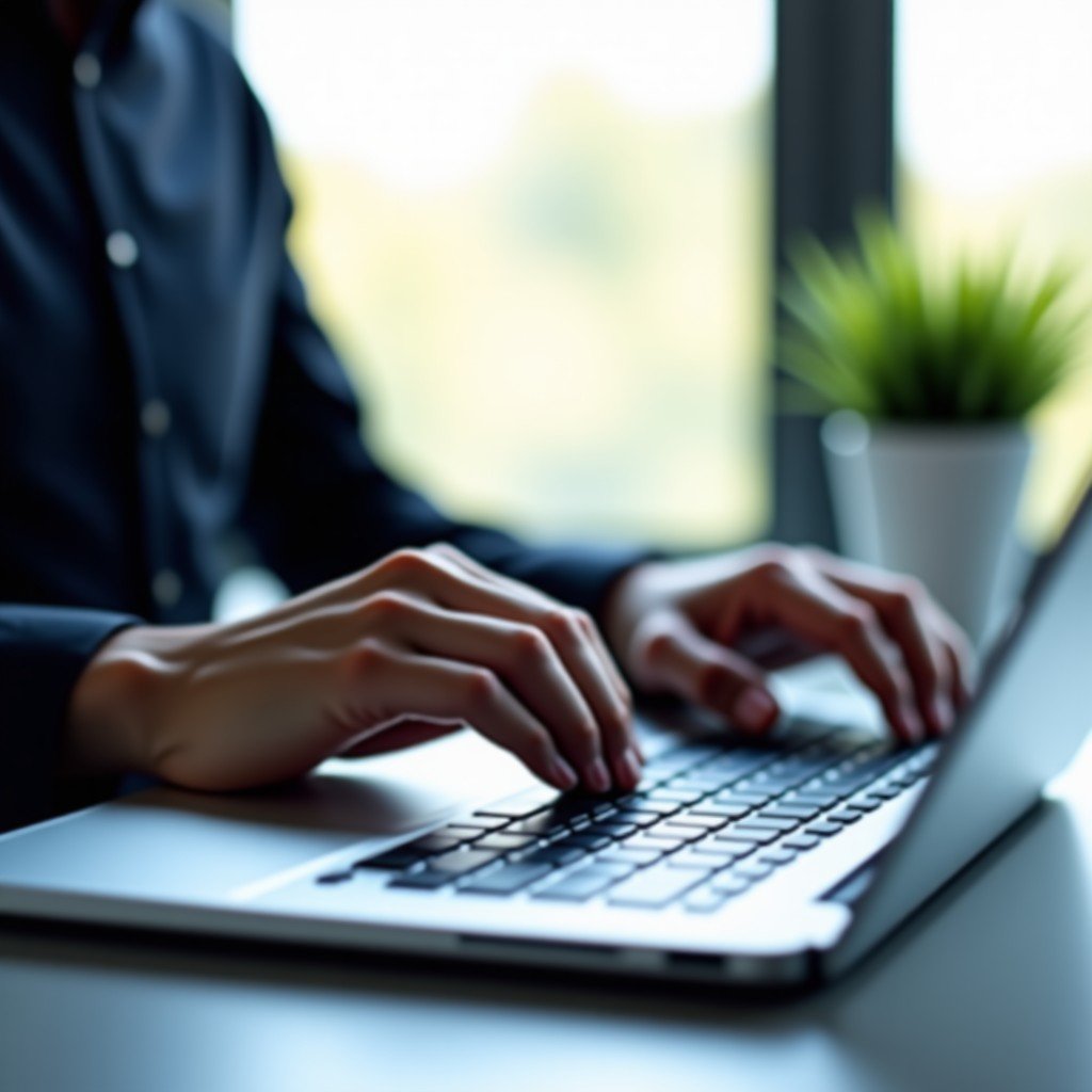 A sleek professional engineer installing advanced software on a laptop in a modern bright office environment, macro shot of keyboard, soft bokeh background, 16:9 aspect ratio